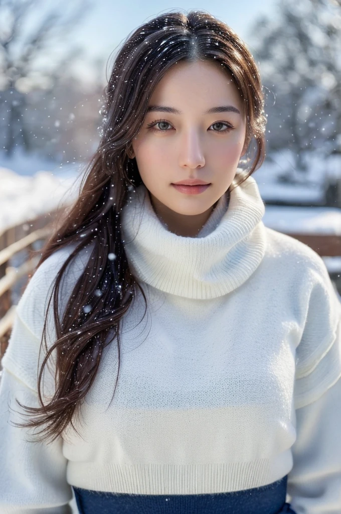(masterpiece:1.35),(best-quality:1.4),8k,ultra-detailed,photography,(ultra-realistic:1.4), adult girl, long hair, sweater, snowing background,