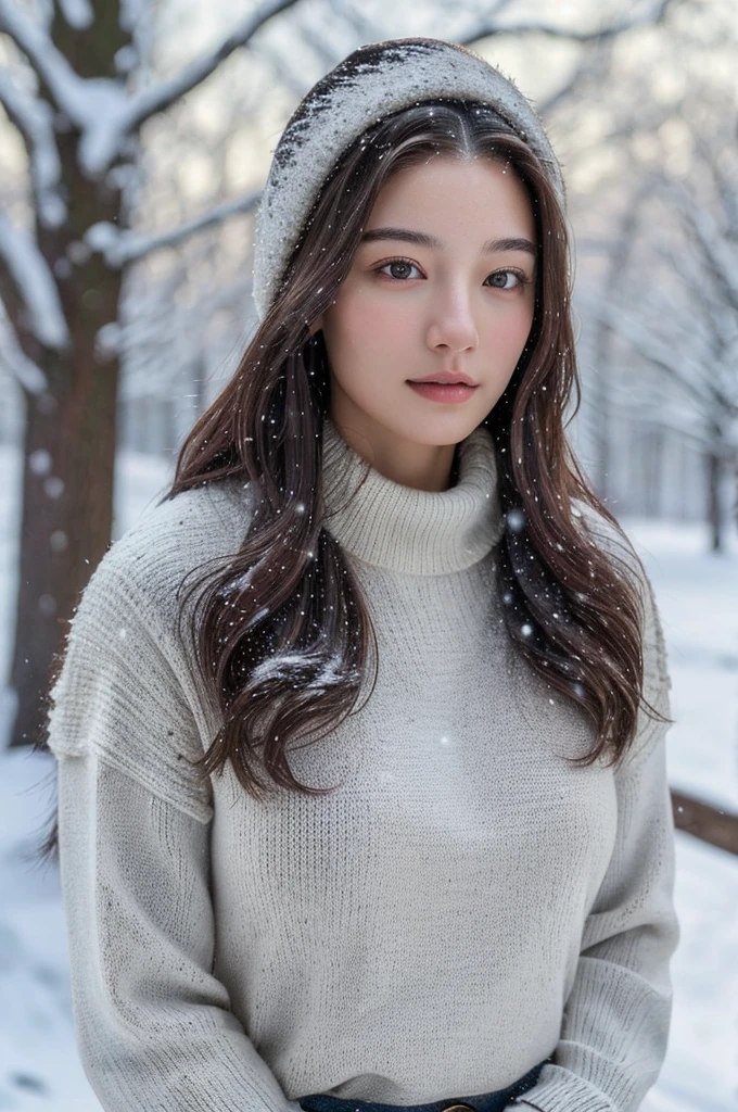 (masterpiece:1.35),(best-quality:1.4),8k,ultra-detailed,photography,(ultra-realistic:1.4), adult girl, long hair, sweater, snowing background,