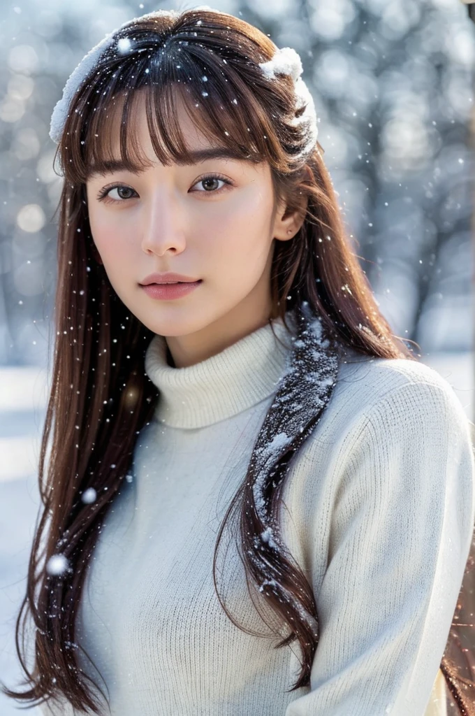(masterpiece:1.35),(best-quality:1.4),8k,ultra-detailed,photography,(ultra-realistic:1.4), adult girl, long hair, sweater, snowing background,