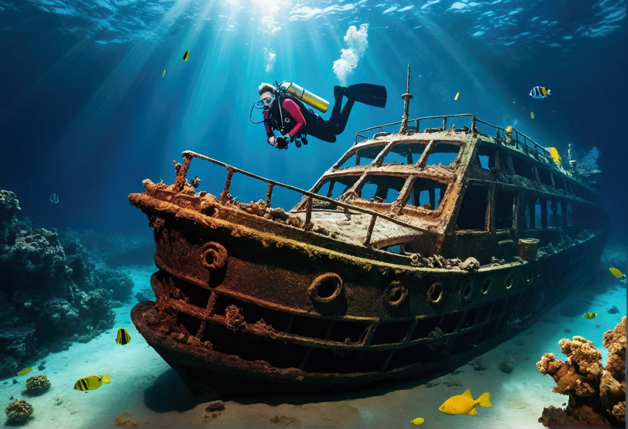 (High resolution:1.2,Hyper HD,In the water),amy ross,scuba diving,shipwrecks,Free up space,Star Cloud,Fish swimming,Light of the sun,Deep Sea Exploration,adventure,explore the unknown,cosmic machine,In the water world,Life at sea,Diver,depth,In the water写真,colorful,Remote location,adventure sports,shipwrecksの探索,Rich bioDiversity,Vibrant colors,Detailed Texture,Water surface reflection,Sunlight passes through water,journey of discovery,Depth Perception,A thrilling experience