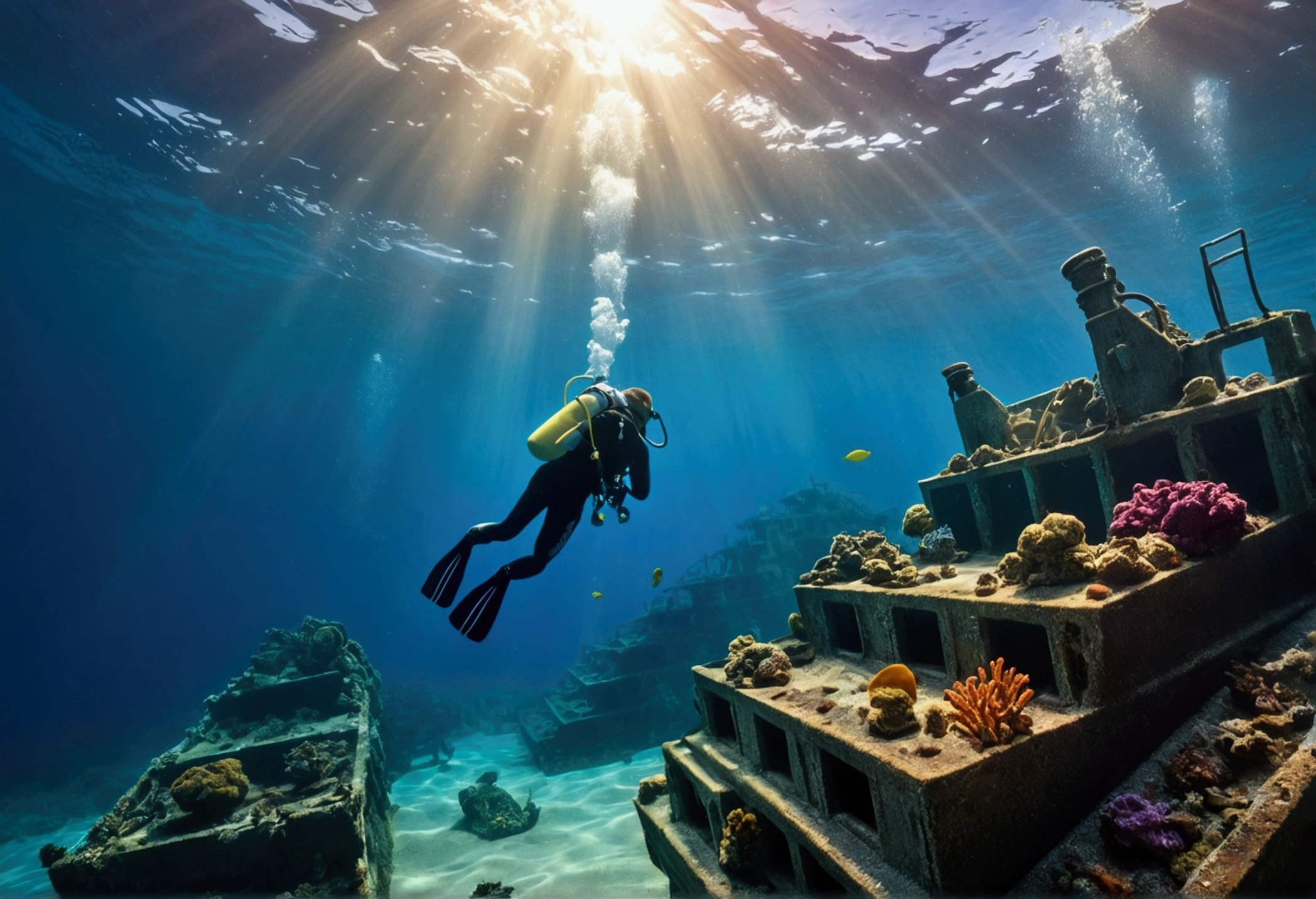 (High resolution:1.2,Hyper HD,In the water),amy ross,scuba diving,shipwrecks,Free up space,Star Cloud,Fish swimming,Light of the sun,Deep Sea Exploration,adventure,explore the unknown,cosmic machine,In the water world,Life at sea,Diver,depth,In the water写真,colorful,Remote location,adventure sports,shipwrecksの探索,Rich bioDiversity,Vibrant colors,Detailed Texture,Water surface reflection,Sunlight passes through water,journey of discovery,Depth Perception,A thrilling experience
