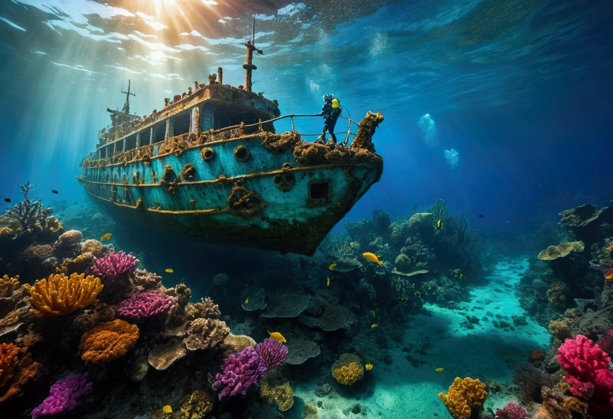 (High resolution:1.2,Hyper HD,In the water),amy ross,scuba diving,shipwrecks,Free up space,Star Cloud,Fish swimming,Light of the sun,Deep Sea Exploration,adventure,explore the unknown,cosmic machine,In the water world,Life at sea,Diver,depth,In the water写真,colorful,Remote location,adventure sports,shipwrecksの探索,Rich bioDiversity,Vibrant colors,Detailed Texture,Water surface reflection,Sunlight passes through water,journey of discovery,Depth Perception,A thrilling experience