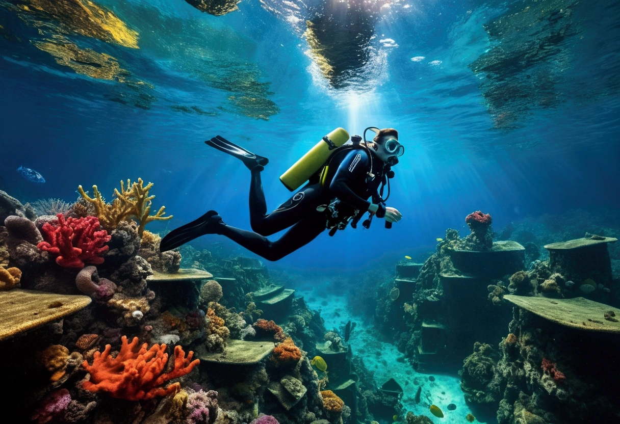 (High resolution:1.2,Hyper HD,In the water),amy ross,scuba diving,shipwrecks,Free up space,Star Cloud,Fish swimming,Light of the sun,Deep Sea Exploration,adventure,explore the unknown,cosmic machine,In the water world,Life at sea,Diver,depth,In the water写真,colorful,Remote location,adventure sports,shipwrecksの探索,Rich bioDiversity,Vibrant colors,Detailed Texture,Water surface reflection,Sunlight passes through water,journey of discovery,Depth Perception,A thrilling experience