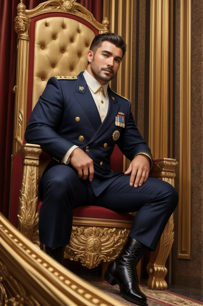 full body portrait of a handsome general,sitting on the chair,luxury hall,military formal suit,black military boots,mature,manly,legs spread,shot from below,