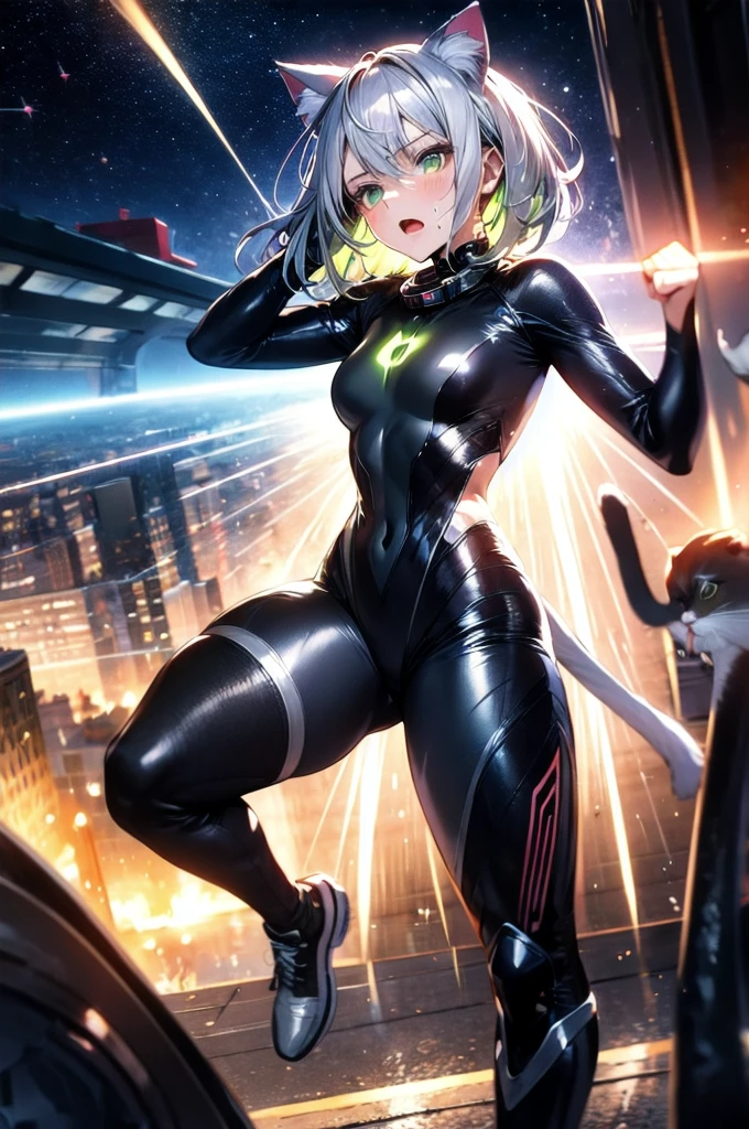 A silver-haired beautiful girl with cat ears eyes are green hair is silver and long clothes: a form-fitting black combat suit The fist is an afterimage The background is a city at night her is in a cat-like fighting pose The year is 14 years monitor, Dark Night, Sweat, Steam of Exhalation, Space, Battle, Dynamic Angle one girl