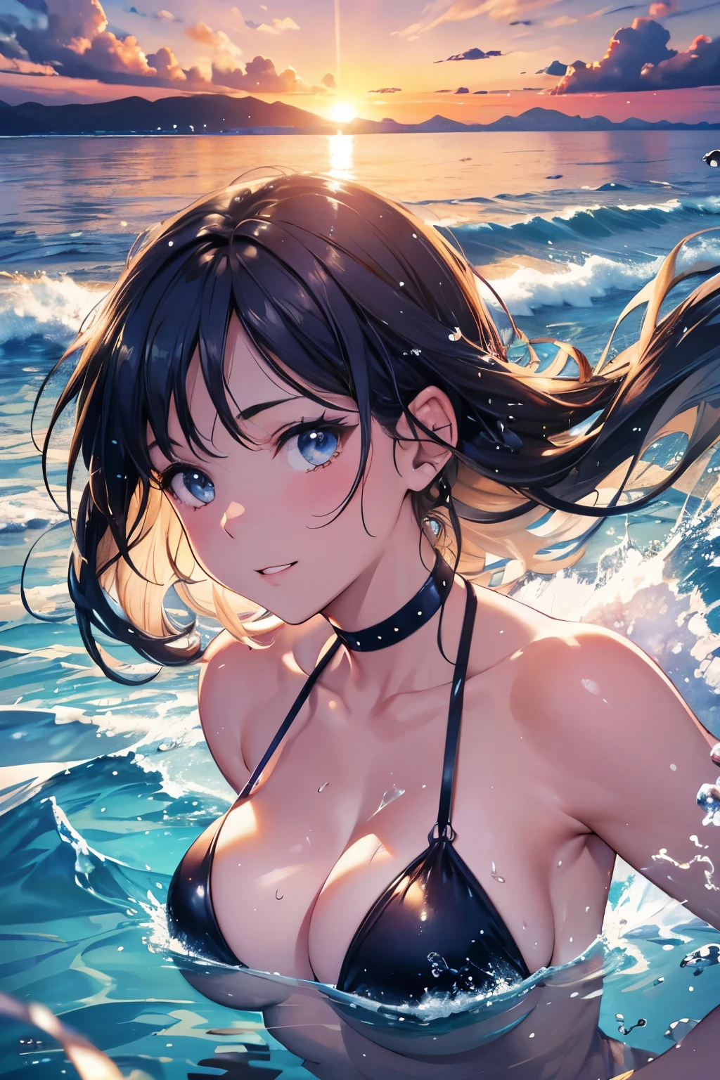 (Highest quality,4K,8k,High resolution,masterpiece:1.2),Very detailed,(Realistic,photoRealistic,photo-Realistic:1.37),Hot Girls,speed,water,null,bikini,Queen,Summer heat,Wet Hair,Intense expression,Glowing Skin,Golden sandy beaches,Palm tree,sunset,Bright colors,ripple,speedboat on the horizon,Captivating Gaze,Sunburned skin,Bronze tanned body,Beach-like atmosphere,Cheerful pose,Bright sunlight,clean blue null,splashing water droplets,frozen moment, And adventure,Self-confidence and empowerment,Immerse yourself in the joy,Queen of the beach,Striking beauty,果てしないnull,sparkling water surface,Seamless movement.