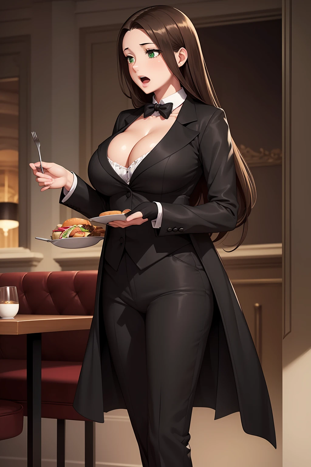 (masterpiece, best quality:1.4), illustration, 8k, hd, 1girl, solo, really_long_hair, brown_hair, butler clothes,  no underwear, black coat, green_eyes, cleavage, black trousers, butler, white butler, ((big breast, open mouth)), (restaurant, café)