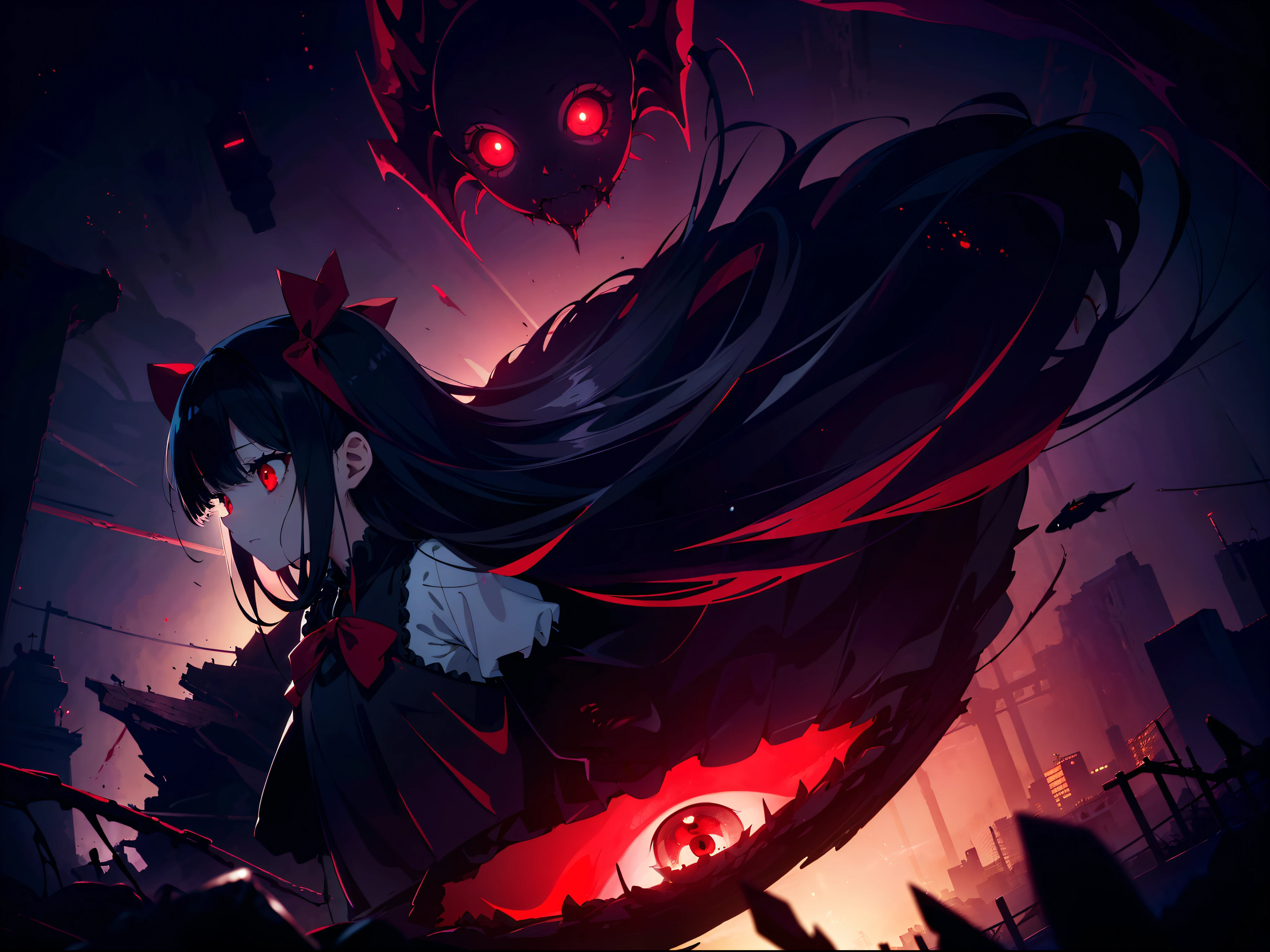 1 girl ,(cinematic angle) , (wide shot) , (blood aquarium), (spooky fish) ,( Faintly emerge from the darkness) , (rape face) ,black long straight hair, hair ribbon , red eyes,black dress, (glowing eyes), (red lighting), horror ,((masterpiece)), ((best quality)), ((ultra-detailed)), (illustration), ((an extremely delicate and beautiful))