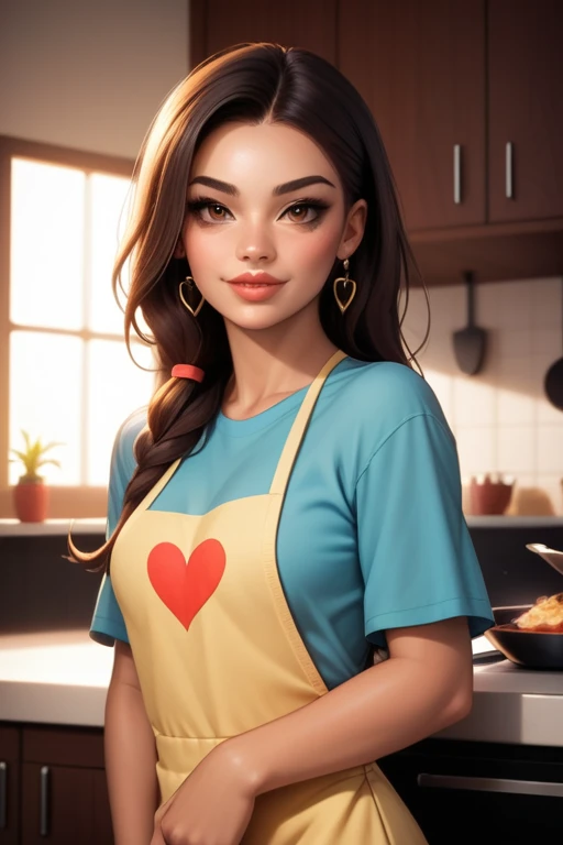 Tall hispanic woman with expressive hazel eyes and long wavy dark brown hair; warm olive skin;  hourglass build; ("heart-shaped-face" with full lips); ample bosom; wearing casual clothes; best quality; trending on artstation; dark room with complex volumetric lighting; strong shadows; artistic lighting; dynamic; energetic vibe; realistic skin; specular highlights; micro-textures; highly detailed hair; cooking dinner at home in a high-tech kitchen