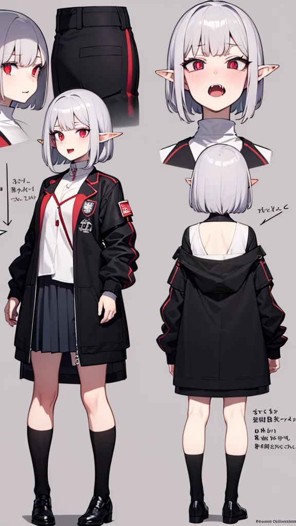 anime girl, grey hair, long hair, short hair, straight hair, bob cut, dilated pupils, devil pupils, open mouth, embarrassed, blush, tongue out, expressionless, naughty face, naughty, yandere, fang, rape face, anime, Conceptual art, high detail, anime style, reference sheet, from side, from below, from behind, from above, UHD, masterpiece, anatomically correct, super detail, high details, high quality, best quality, highres, 8k, caracter design, art concep, medical jacket, vampire, elf ear, front view, show fangs, pale skin, cool outfit