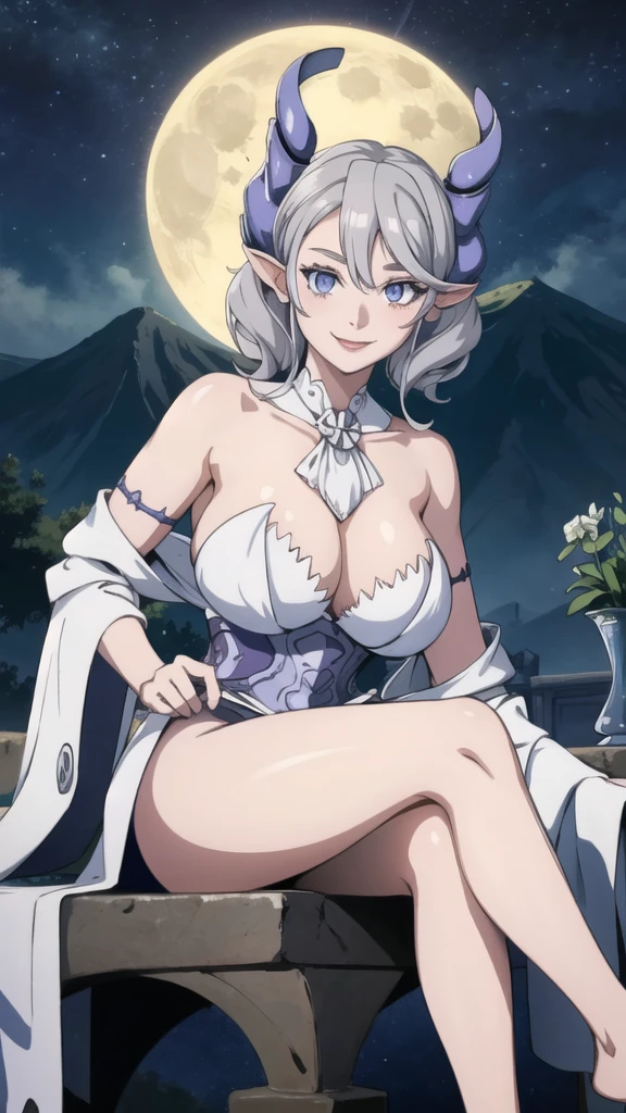 Beautiful arts wallpaper moonlight Outside castle top High level image quality best image quality 8K adult woman volcano mountain more colors whole body view portrait wearing pure white Goddess dress horn ears short hair((shortcut)(gray hair)(perm)(fluffy)) eye color is blue , evil face , face detailed , face fixed , smile , labrynth , barefoot , teasing with her breast, , sitting with crossed legs