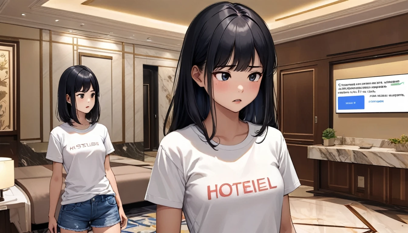 an AI system explaining a mission to a frustrated young Asian woman with black hair, wearing a white T-shirt and blue denim shorts, hotel interior lavishly decorated