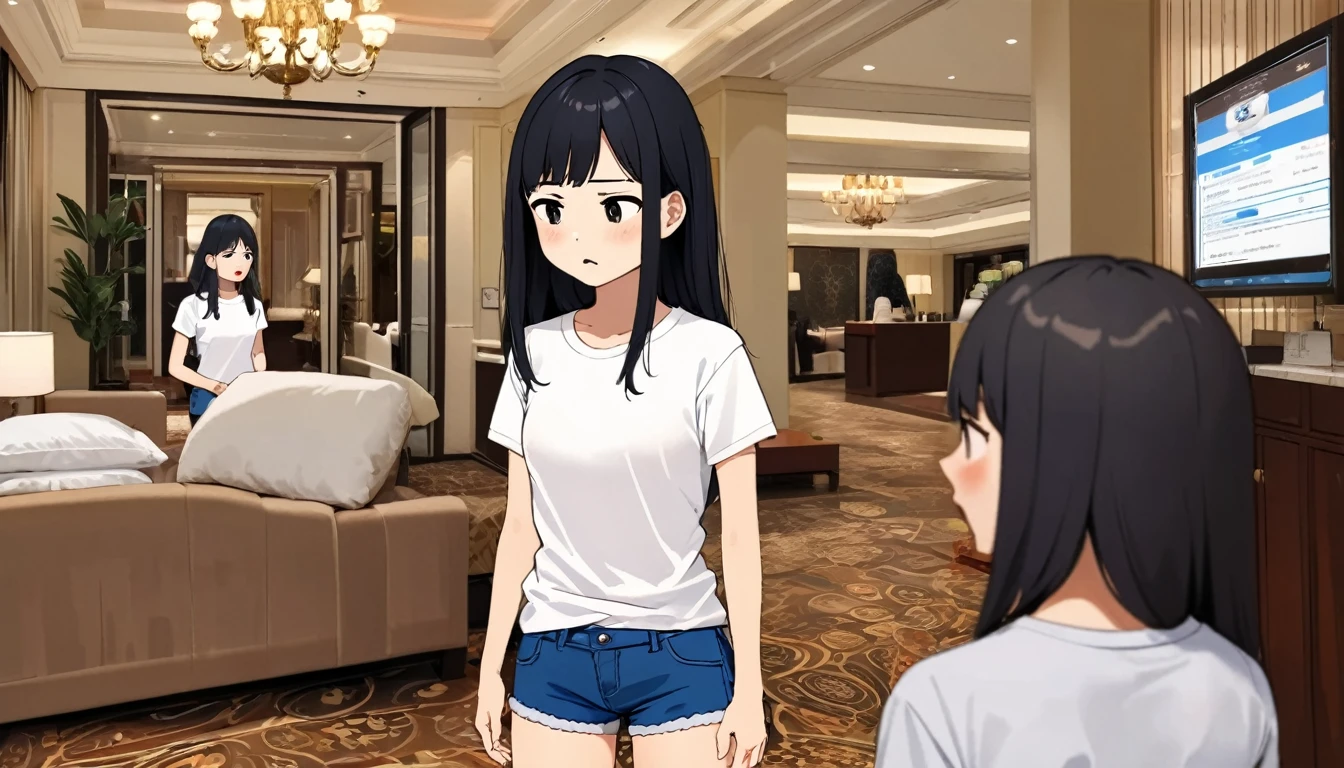  an AI system explaining a mission to a frustrated young Asian woman with black hair, wearing a white T-shirt and blue denim shorts, hotel interior lavishly decorated