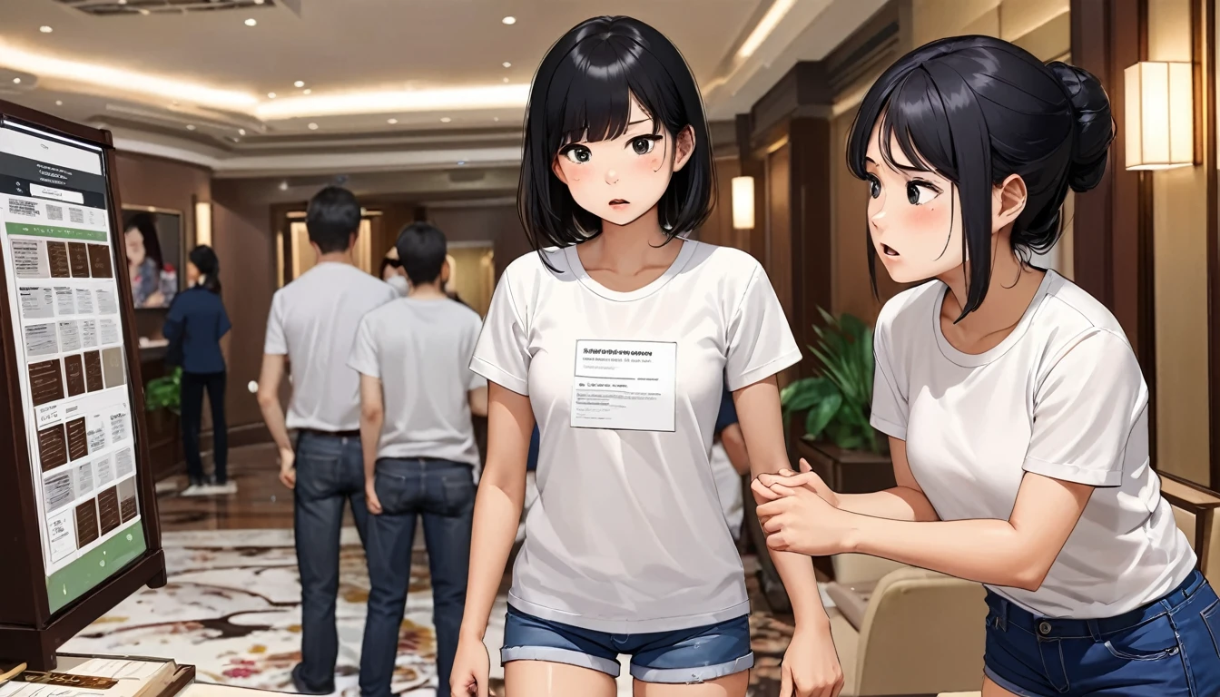 an AI system explaining a mission to a frustrated young Asian woman with black hair, wearing a white T-shirt and blue denim shorts, hotel interior lavishly decorated