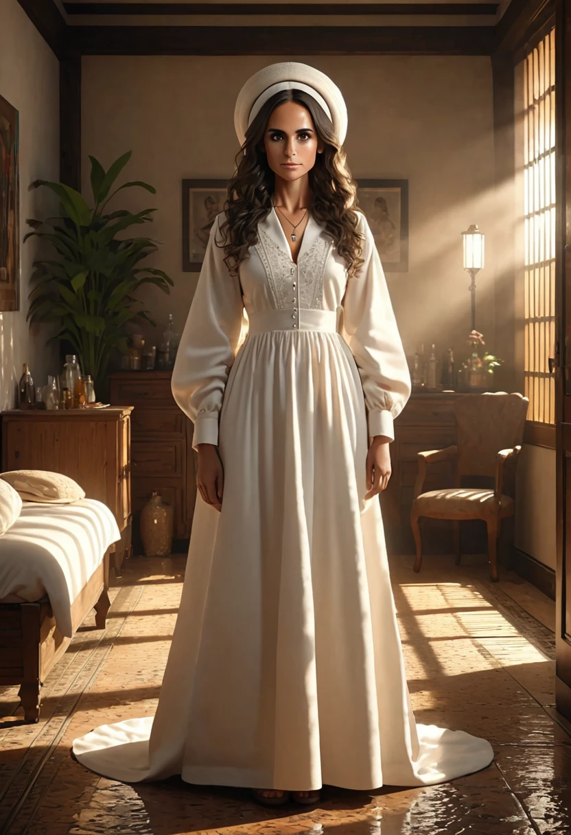 A beautful orthodox jewish women with a thick bushy unibrow and a large bulbous nose. Thick, intense, curly, frizzy, long brown hair. Hair that clogs a drain after one shower. Hair you find on pillows and in corners of the room and in your refrigerator six months after the head from which it grew last visited. Hair that could not be straightened even if you had four hours and three hairdressers double-fisting blow driers. Hair that screams: Jew. Traditional jewish dress, luxurious long dress、hat. curvy hourglass figure. Ultra HD, the symmetrical face, photorealistic photography, path tracing, specular lighting, and volumetric face light enhance the details. Epic lighting, striking silhouette. crucifix necklace. The symmetrical face, photorealistic photography, path tracing, specular lighting, and volumetric face light enhance the details. The scene is captured in maximum quality, masterpiece, 8K high resolution, and top quality. Jordana Brewster.