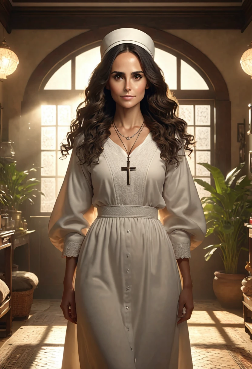 A beautful orthodox  jewish women with a thick bushy unibrow and a large bulbous nose. Thick, intense, curly, frizzy, long brown hair. Hair that clogs a drain after one shower. Hair you find on pillows and in corners of the room and in your refrigerator six months after the head from which it grew last visited. Hair that could not be straightened even if you had four hours and three hairdressers double-fisting blow driers. Hair that screams: Jew. Traditional jewish dress, luxurious long dress、hat. curvy hourglass figure. Ultra HD, the symmetrical face, photorealistic photography, path tracing, specular lighting, and volumetric face light enhance the details. Epic lighting, striking silhouette. crucifix necklace. The symmetrical face, photorealistic photography, path tracing, specular lighting, and volumetric face light enhance the details. The scene is captured in maximum quality, masterpiece, 8K high resolution, and top quality. Jordana Brewster.

