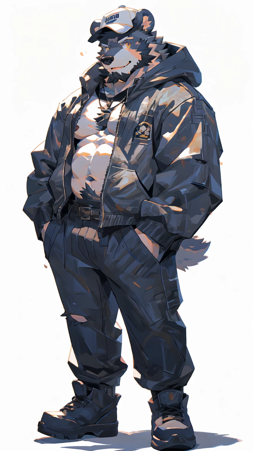 (masterpiece:1.2), best quality,pixiv,official art,perfect ???????, (Ray tracing, light),solo, (1_male:1.3) , (muscle), (grey fur:1.4), (muscle bear), (beard:1.2), (gleaming golden eyes), bear tail, full body, Thick black eyebrows, baseball cap, (open short hoodie), (naked inside),Ripped short jeans, black short boots, (pure white background: 1.3)