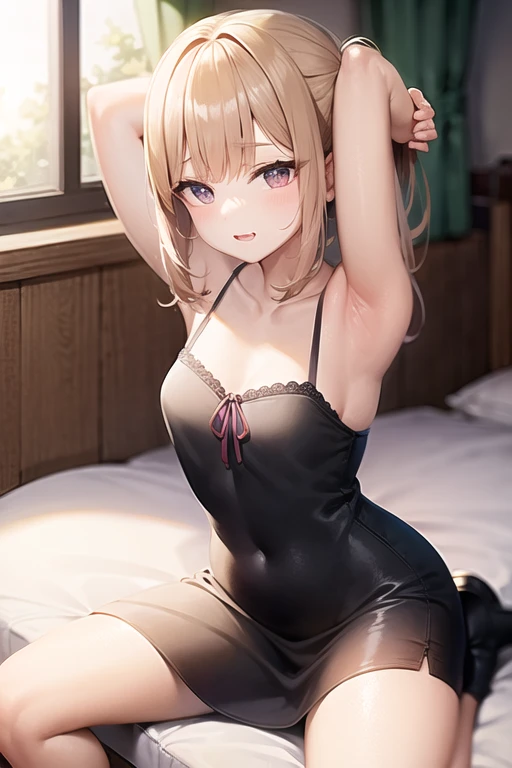 masterpiece, high quality, 最high quality, High resolution, 4k, High resolution, beautiful lighting,highly detailed face, well drawn hand, Beautifully drawn feet,well drawn feet,well drawn eyes,1 girl,personally delivered,  uniform,blonde hair,side ponytail,blue eyes,red leotard,bunny suit,Red Bummie Years, black pantyhose,embarrassing,sitting,Wariza,big breasts,medium butt,