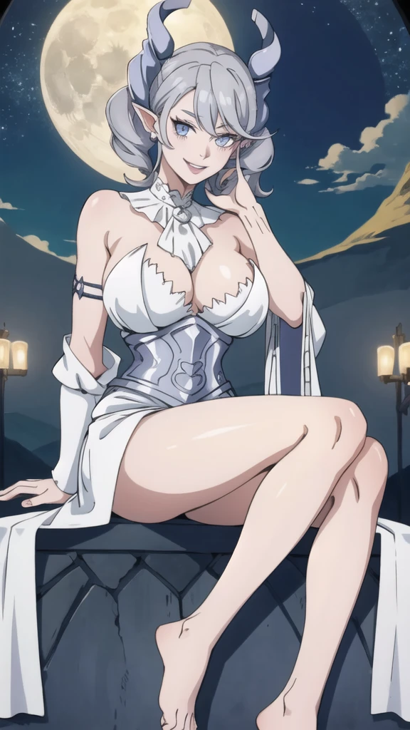 Beautiful arts wallpaper moonlight Outside castle top High level image quality best image quality 8K adult woman volcano mountain more colors whole body view portrait wearing pure white Goddess dress horn ears short hair((shortcut)(gray hair)(perm)(fluffy)) eye color is blue , evil face , face detailed , face fixed , smile , labrynth , barefoot , teasing with her breast, , sitting with crossed legs