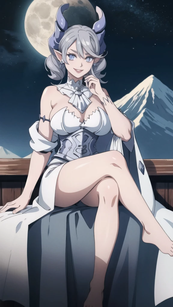 Beautiful arts wallpaper moonlight Outside castle top High level image quality best image quality 8K adult woman volcano mountain more colors whole body view portrait wearing pure white Goddess dress horn ears short hair((shortcut)(gray hair)(perm)(fluffy)) eye color is blue , evil face , face detailed , face fixed , smile , labrynth , barefoot , teasing with her , , sitting with crossed legs