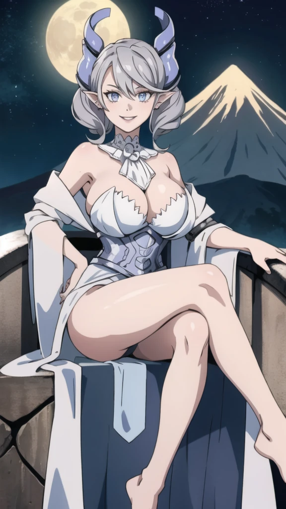 Beautiful arts wallpaper moonlight Outside castle top High level image quality best image quality 8K adult woman volcano mountain more colors whole body view portrait wearing pure white Goddess dress horn ears short hair((shortcut)(gray hair)(perm)(fluffy)) eye color is blue , evil face , face detailed , face fixed , smile , labrynth , barefoot , teasing with her breast, , sitting with crossed legs