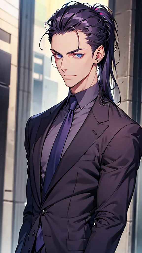 Male, blue eyes, purple slicked back ponytail, navy blue suit, thin eyebrows, slim body, upper body, smile