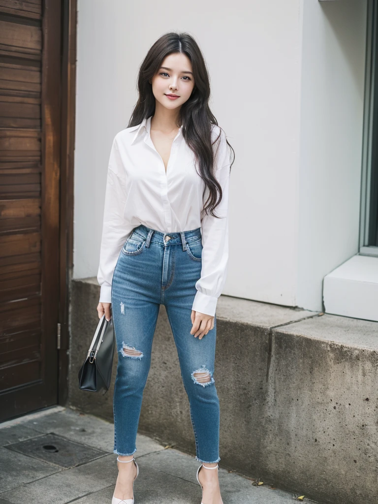 (((Full body image of a woman))), Instagram Model . Full body portrait of a fashion model, Glamour, Long black wavy hair, (((Bright Blue Eyes))), Mischievous Smile, Very detailed顔, Very fine grain. Large chest. ((Low rise jeans that fit snugly against the skin)),((White cotton shirt, unbuttoned to show chestの谷間)), Mid height heels, ((Handbags)). shopping, chest, chestの谷間, 8k, high quality, masterpiece, 最high quality, High resolution, Very detailed, Volumetric lighting, Realistic