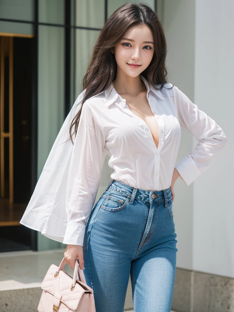 (((Full body image of a woman))), Instagram Model . Full body portrait of a fashion model, Glamour, Long black wavy hair, (((Bright Blue Eyes))), Mischievous Smile, Very detailed顔, Very fine grain. Large chest. ((Low rise jeans that fit snugly against the skin)),((White cotton shirt, unbuttoned to show chestの谷間)), Mid height heels, ((Handbags)). shopping, chest, chestの谷間, 8k, high quality, masterpiece, 最high quality, High resolution, Very detailed, Volumetric lighting, Realistic