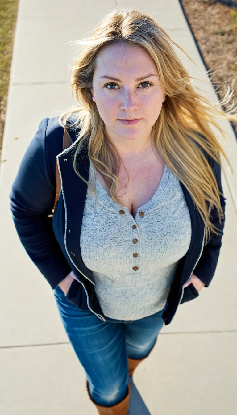 Fat woman, 40 years old white Caucasian woman walking outside, day time, Mississippi, Gulfport, cold winter day, long straight blonde messy hair, casually and daily dressed, big hips, thick thighs, casual winter clothed, natural big breasts, Full Body Shot, From Above View, High Angle View, selfie, serious, close up selfie point of view, acne face