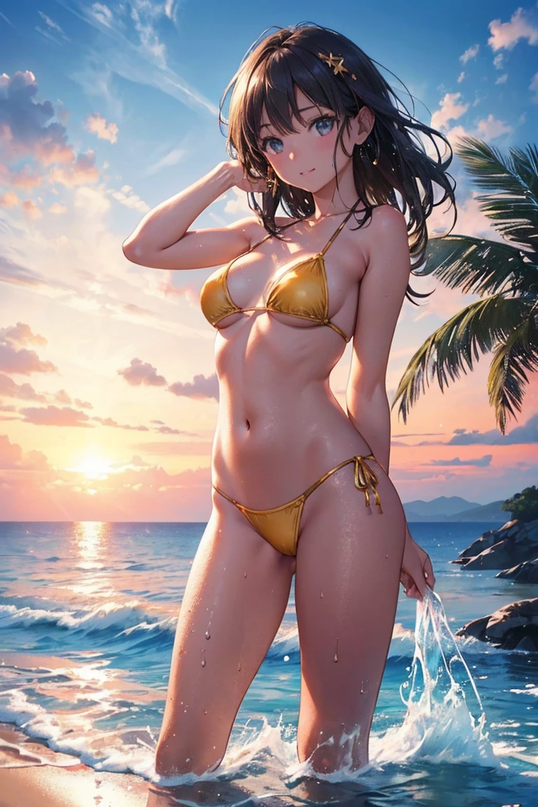 (Highest quality,4K,8k,High resolution,masterpiece:1.2),Very detailed,(Realistic,photoRealistic,photo-Realistic:1.37),Hot Girls,speed,water,null,bikini,Queen,Summer heat,Wet Hair,Intense expression,Glowing Skin,Golden sandy beaches,Palm tree,sunset,Bright colors,ripple,speedboat on the horizon,Captivating Gaze,Sunburned skin,Bronze tanned body,Beach-like atmosphere,Cheerful pose,Bright sunlight,clean blue null,splashing water droplets,frozen moment, And adventure,Self-confidence and empowerment,Immerse yourself in the joy,Queen of the beach,Striking beauty,果てしないnull,sparkling water surface,Seamless movement.