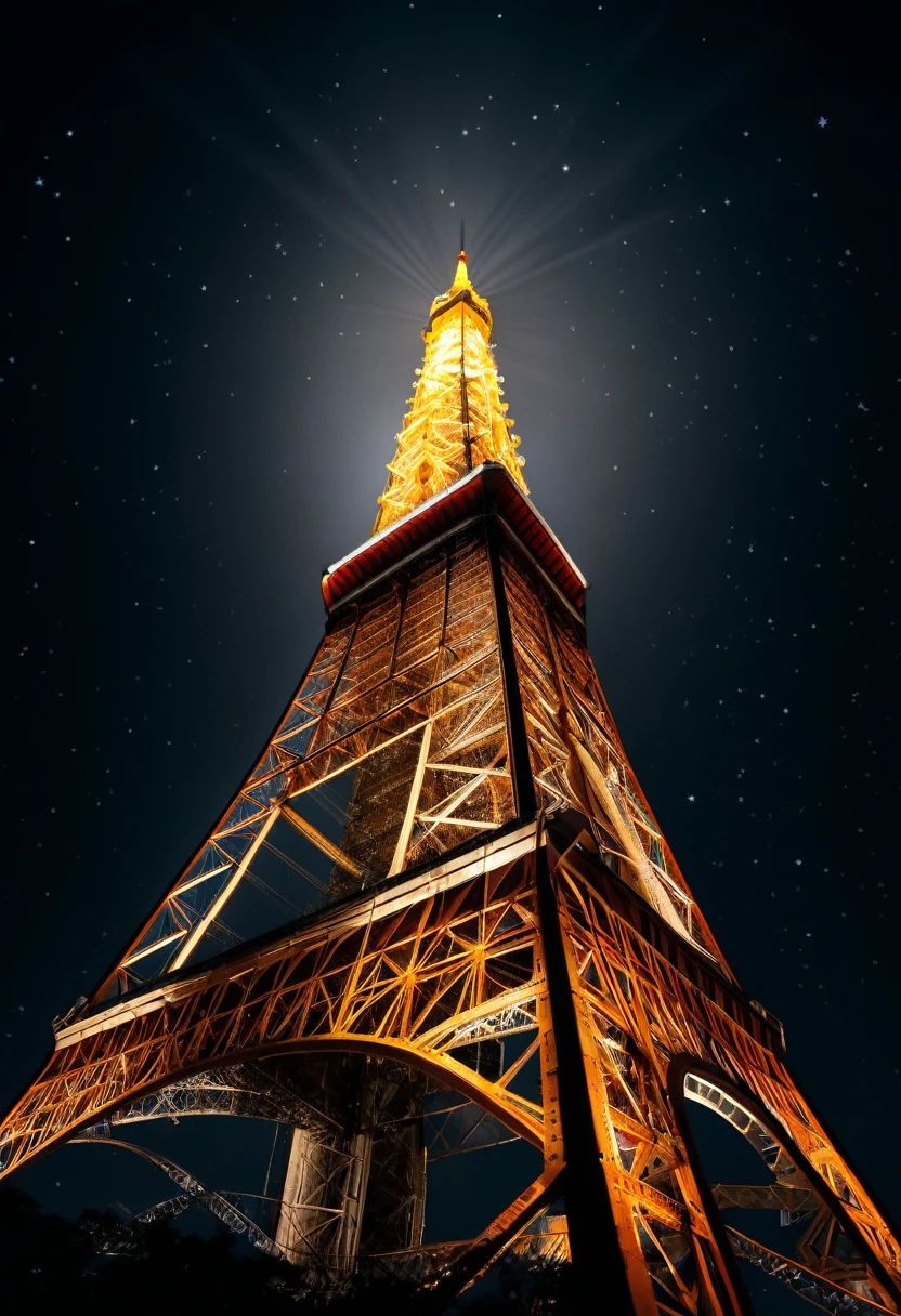 ((Tokyo Tower)) Looking up from directly below, Cinematic lighting, ((Night with moonlight and stars)), Core Low Key, Highest quality, Super Resolution, Hyperrealism, Sharpness