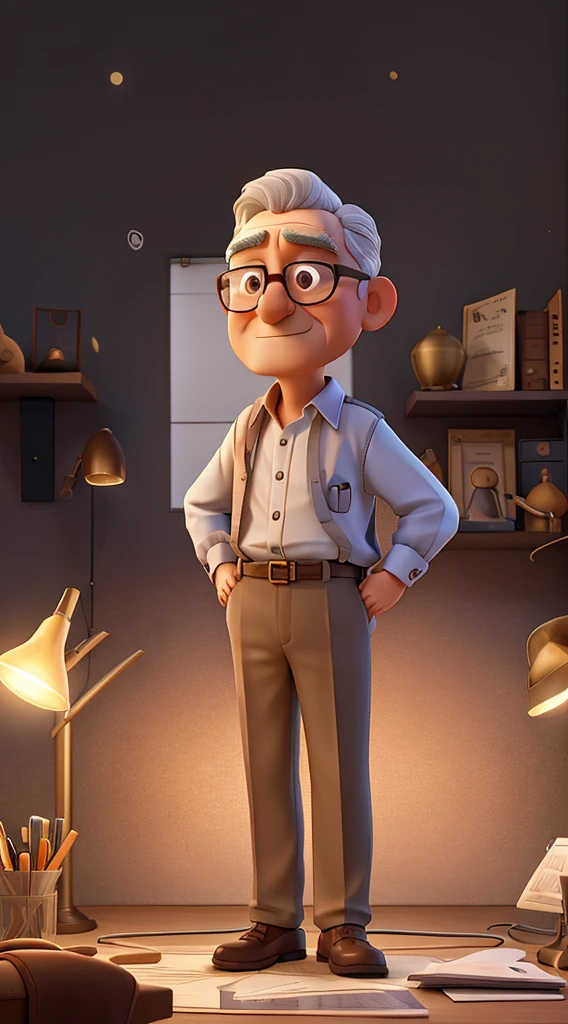 A wise man standing in front, shorth hair, round glasses, illuminated by the light of a lamp, against the backdrop of a graphic design studio.