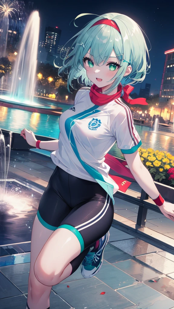 (8K, best quality, master piece: 1.3),super high resolution,1 girl, solo, full body ,ultra-detailed face, silme, (ash hair), thin hair clip, cyan colorshift eyes, expressive eyes, Ecstatic expression, Sportswear, nylon, spandex, white, red, headband, wristbands, park, green, flowers, fountain