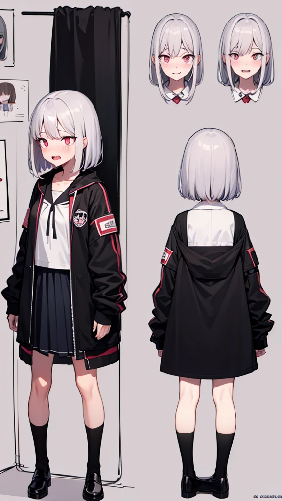 anime girl, 16 year old, grey hair, long hair, short hair, straight hair, bob cut, surgical mask, dilated pupils, devil pupils, open mouth, embarrassed, blush, tongue out, expressionless, naughty face, naughty, yandere, fang, rape face, anime, Conceptual art, high detail, anime style, reference sheet, from side, from below, from behind, from above, UHD, masterpiece, anatomically correct, super detail, high details, high quality, best quality, highres, 8k, caracter design, art concep, medical jacket, cute, adorable