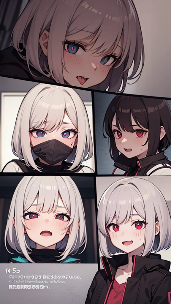 anime girl, 16 year old, grey hair, long hair, short hair, straight hair, bob cut, surgical mask, dilated pupils, devil pupils, open mouth, embarrassed, blush, tongue out, expressionless, naughty face, naughty, yandere, fang, rape face, anime, Conceptual art, high detail, anime style, reference sheet, from side, from below, from behind, from above, UHD, masterpiece, anatomically correct, super detail, high details, high quality, best quality, highres, 8k, caracter design, art concep, medical jacket, cute, adorable