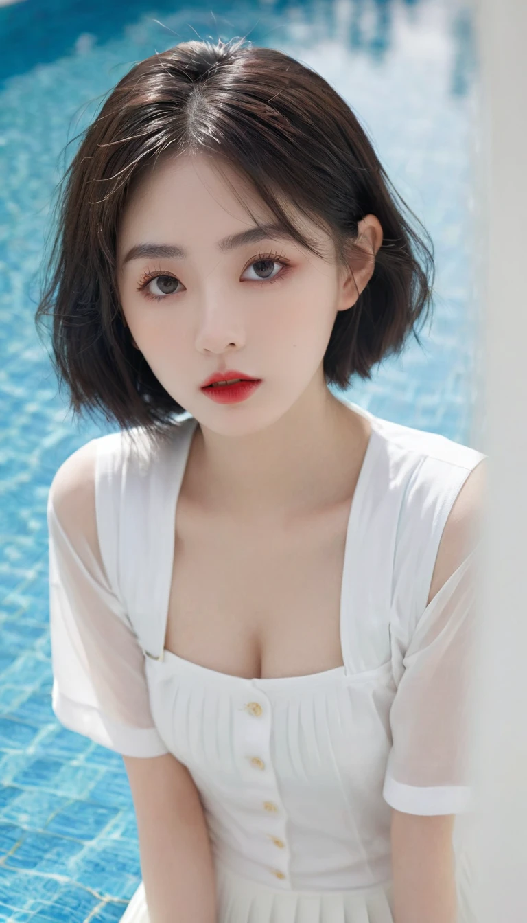 (Surrealism), (illustration), (high resolution), (8K), (Extremely detailed), (best illustration), (美丽而精致的Eye), (best quality), (Very detailed), (masterpiece), ( wallpaper), (Delicate face), solitary, 1 girl, White curly hair, Korean, Heterochromic Eyes, Eye下面有一颗小痣,, Large Breasts, Long legs, Tight abdominal muscles, Camel toe, Dynamic poses, High school girl,Gravure printing, Sexy, (White shirt:1.21), (Pleated Skirt:1.21), (By the vast summer pool:1.37), Perfect composition, ((Realistic perfect circle deep black super ridiculous details_Eye: 1.3, Extreme quality and resolution)), (Pale), ((Ultra-realistic sharp Eye, Obvious absurd quality, Not blurry,)), ((Fine pupils:1.4)), (Perfect makeup:1.35), ((Ultra-detailed symmetrical lips:1.3)), ((V-shaped jaw)), (Light glossy red_Lipstick:1.35), (Extremely detailed, Beautiful little nose:1.2), (Perfect composition), ((Pale skin:1.28)), ((Dry skin)), (flat chest), (Slim lower body), (Short hair handsome:1.37),