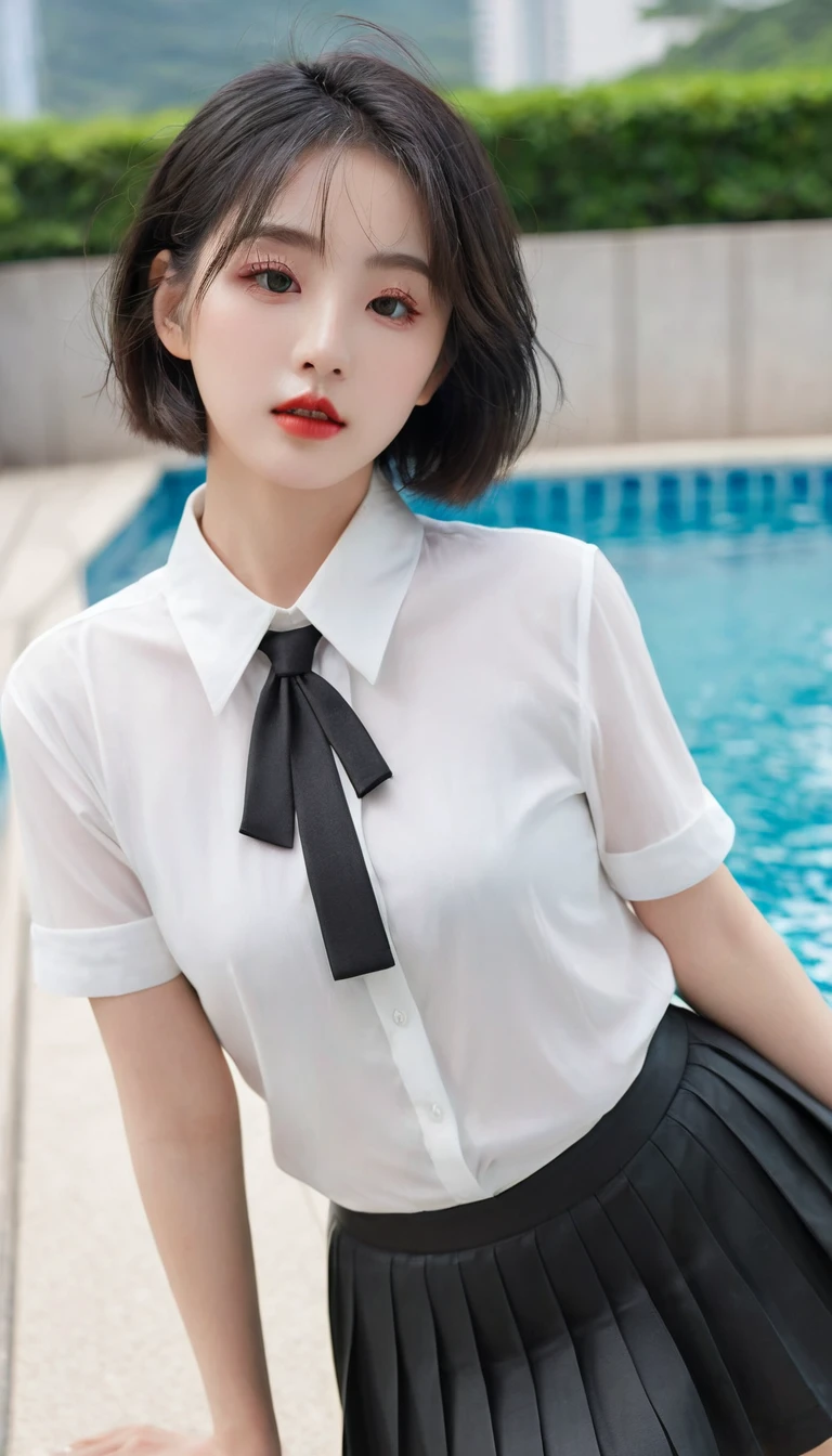 (Surrealism), (illustration), (high resolution), (8K), (Extremely detailed), (best illustration), (美丽而精致的Eye), (best quality), (Very detailed), (masterpiece), ( wallpaper), (Delicate face), solitary, 1 girl, White curly hair, Korean, Heterochromic Eyes, Eye下面有一颗小痣,, Large Breasts, Long legs, Tight abdominal muscles, Camel toe, Dynamic poses, High school girl,Gravure printing, Sexy, (White shirt:1.21), (Pleated Skirt:1.21), (By the vast summer pool:1.37), Perfect composition, ((Realistic perfect circle deep black super ridiculous details_Eye: 1.3, Extreme quality and resolution)), (Pale), ((Ultra-realistic sharp Eye, Obvious absurd quality, Not blurry,)), ((Fine pupils:1.4)), (Perfect makeup:1.35), ((Ultra-detailed symmetrical lips:1.3)), ((V-shaped jaw)), (Light glossy red_Lipstick:1.35), (Extremely detailed, Beautiful little nose:1.2), (Perfect composition), ((Pale skin:1.28)), ((Dry skin)), (flat chest), (Slim lower body), (Short hair handsome:1.37),