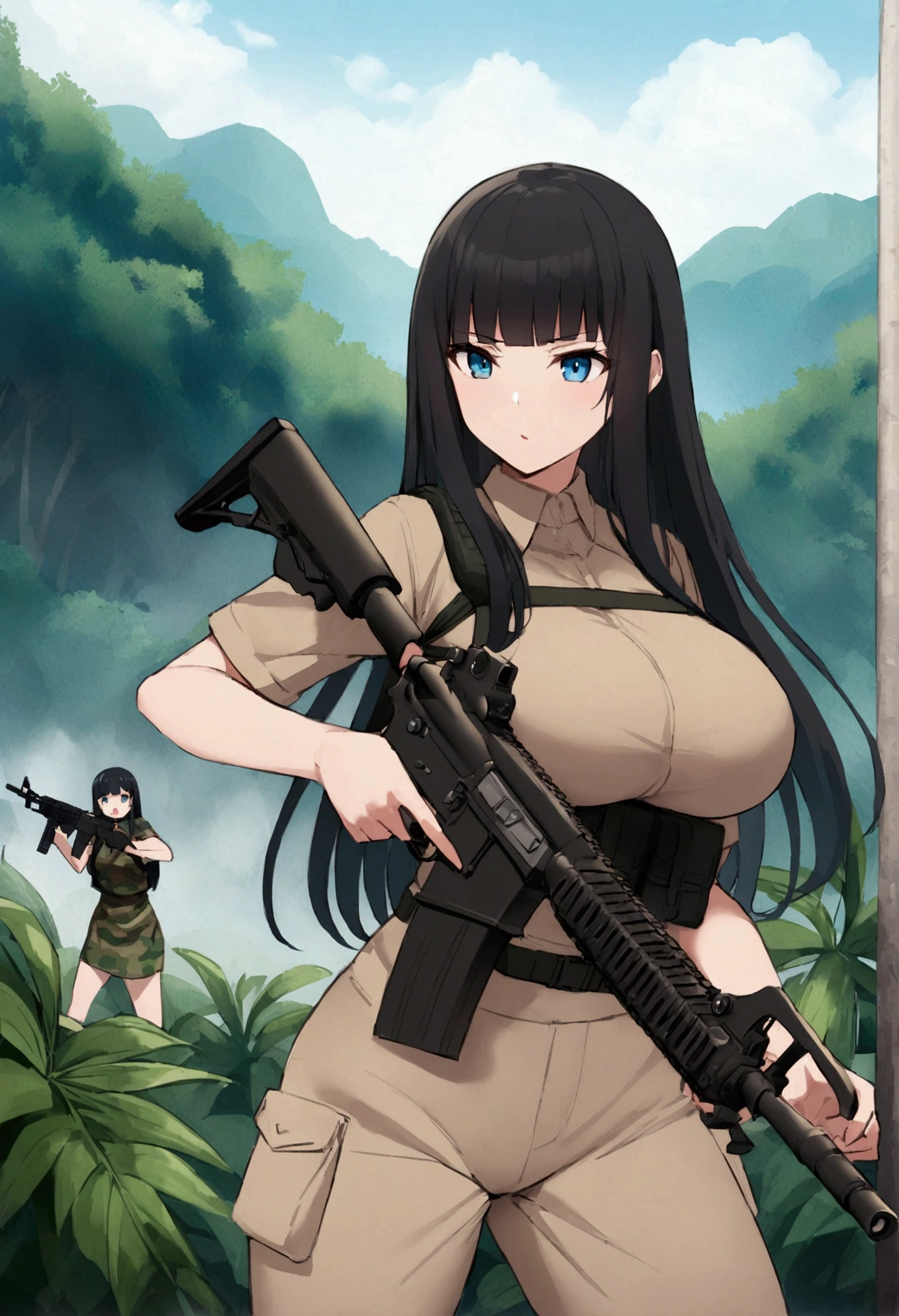 Hime cut with long black hair、Has straight bangs and blue eyes、A girl with big breasts wears camouflage in the jungle。She carries an M4 carbine rifle、Taking a firing stance。The background features a lush jungle landscape.。No dialogue