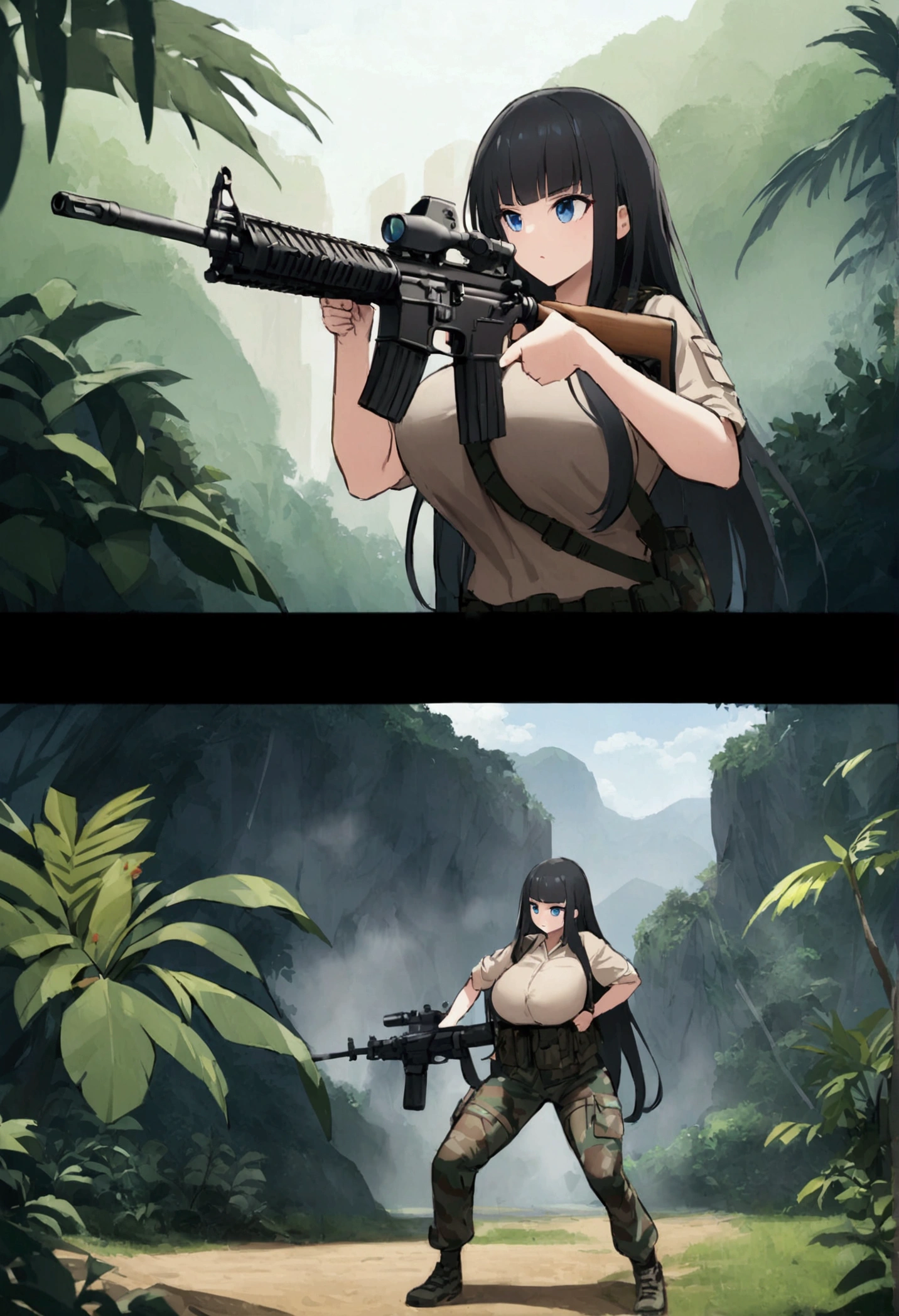 Hime cut with long black hair、Has straight bangs and blue eyes、A girl with big breasts wears camouflage in the jungle。She carries an M4 carbine rifle、Taking a firing stance。The background features a lush jungle landscape.。No dialogue