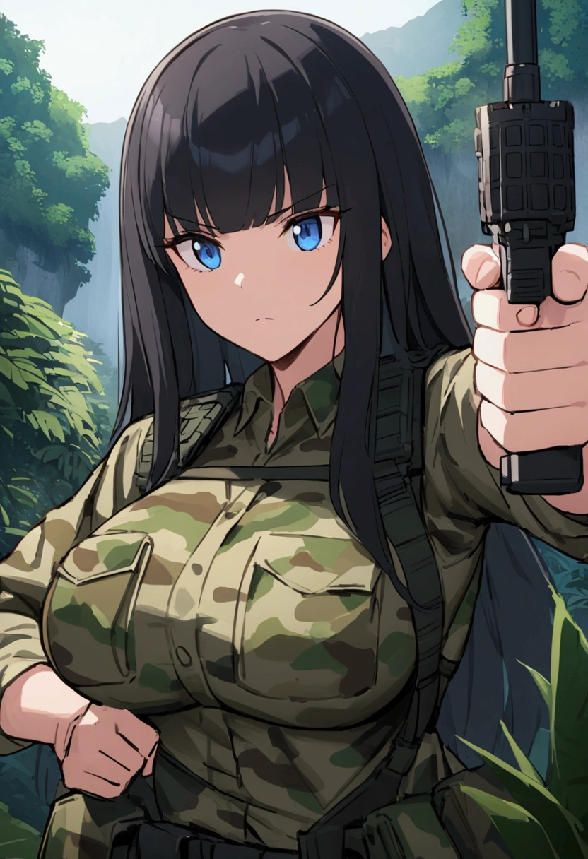 Hime cut with long black hair、Has straight bangs and blue eyes、A girl with big breasts wears camouflage in the jungle。She carries an M4 carbine rifle、Taking a firing stance。The background features a lush jungle landscape.。No dialogue