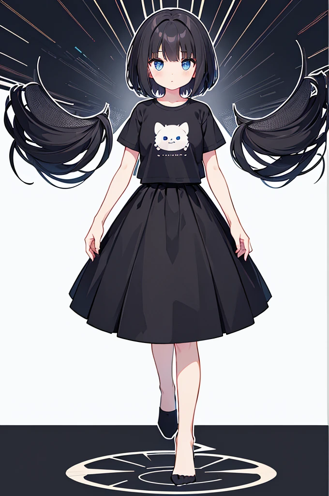 Full body ,dynamic Standing ,(เหมือนจริง:1.37)、1girl, solo, blue eyes, (detailed eyes), flat chest, short hair, black hair, ((black t-shirt)), simple t-shirt, black skirt, black socks, standing, upper body, (white background), Transparent background, looking down, ((masterpiece, illustration, best quality))  , (Full body:1.5), Blank white background, (white background), Transparent background, looking down, ((masterpiece, illustration, best quality)) 