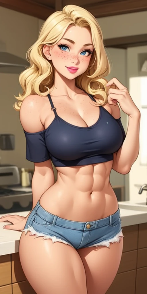 Beautiful round medium breasts, 1girl, ((Wavy blonde hair, hair parted on the right side)) ((Defined, muscular body, cute girl face)) light eyes, has an beautiful sensual body with freckles, with full breasts and thin waist, HIP HOP Beautiful and cute Denim shorts and off-the-shoulder short tank top fabric delicate, has a bold appearance. young, quality, realistic, best quality, cute expression, pink lipstick lips, Cute smile, leaning, in the house