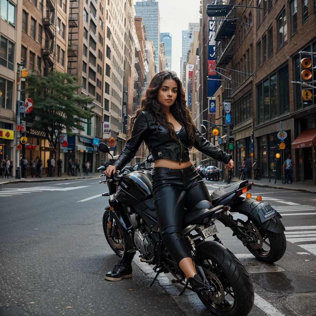 Beautiful brown woman, riding a Suzuki gsx-1000 motorcycle, wavy hair loose in the wind, New York city street background.