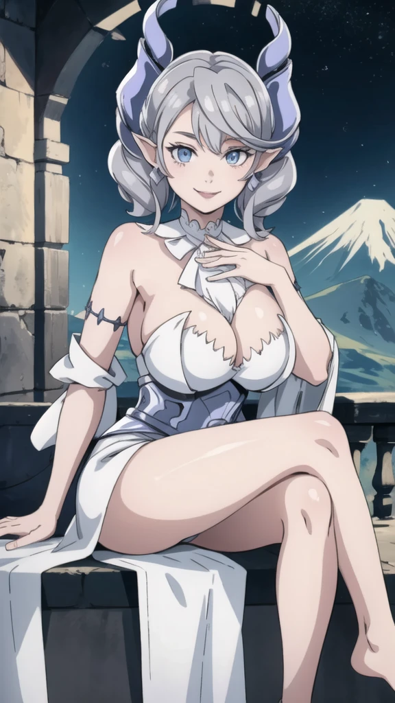 Beautiful arts wallpaper moonlight Outside castle top  High level image quality　best image quality　8K　 adult woman   volcano mountain more colors   whole body view　portrait　 wearing pure white Goddess dress  　horn    ears  　short hair（（shortcut）（gray hair）（perm）（fluffy））　eye color is blue ,   evil face , face detailed , face fixed , smile      ,  labrynth       , barefoot , teasing with her breast,   , sitting with crossed legs  