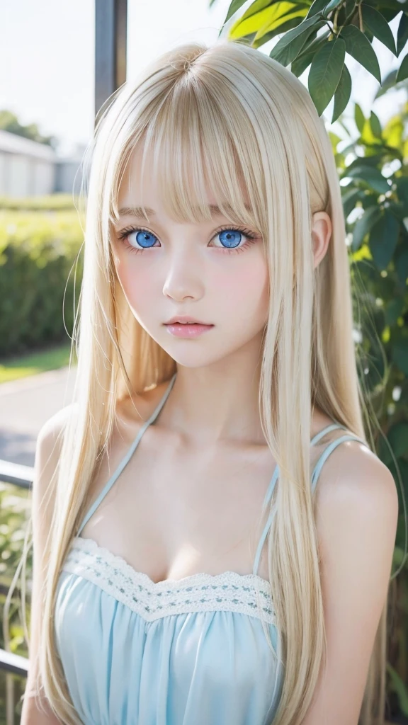 perfectly beautiful face,Messy silky beautiful hair,Beautiful cute girl at 15 years old,Sexy and very beautiful cute face,Beautiful cute sexy pale blue eyes、Beautiful blonde silky shiny hair shining very long golden color,long beautiful bangs、Pure white beautiful skin、Cheek luster、Idol gravure、