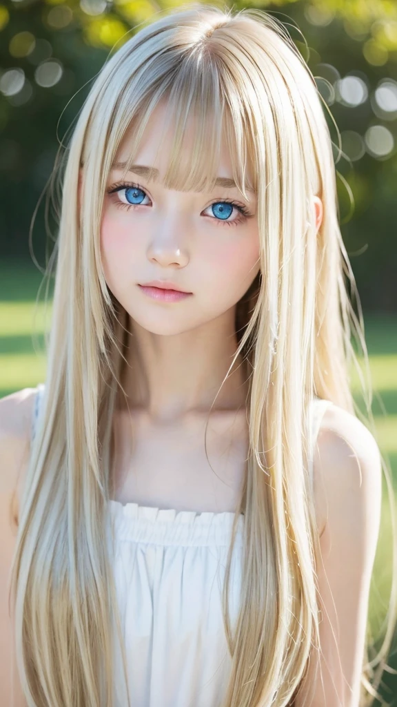 perfectly beautiful face,Messy silky beautiful hair,Beautiful cute girl at 15 years old,Sexy and very beautiful cute face,Beautiful cute sexy pale blue eyes、Beautiful blonde silky shiny hair shining very long golden color,long beautiful bangs、Pure white beautiful skin、Cheek luster、Idol gravure、