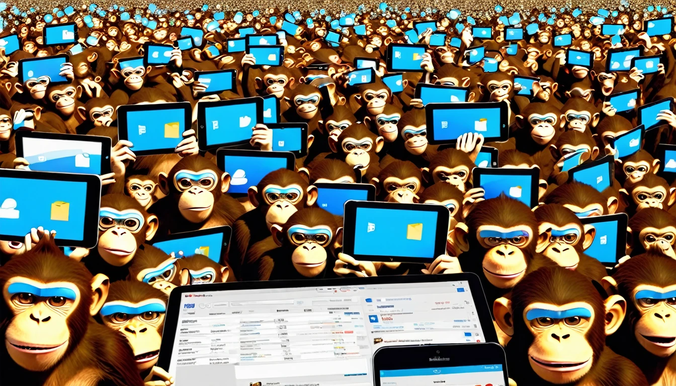 Create an illustration depicting a large group of monkeys using social media to engage in cyberbullying. The scene should show the monkeys with smartphones, tablets, and laptops, furiously typing and posting negative comments. Some monkeys should have angry and malicious expressions, while others laugh or look gleeful. The background should include a chaotic mix of digital screens displaying harmful messages and symbols of social media platforms. The overall atmosphere should convey the destructive and overwhelming nature of online harassment