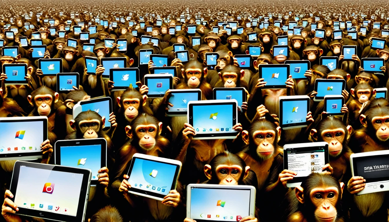 Create an illustration depicting a large group of monkeys using social media to engage in cyberbullying. The scene should show the monkeys with smartphones, tablets, and laptops, furiously typing and posting negative comments. Some monkeys should have angry and malicious expressions, while others laugh or look gleeful. The background should include a chaotic mix of digital screens displaying harmful messages and symbols of social media platforms. The overall atmosphere should convey the destructive and overwhelming nature of online harassment
