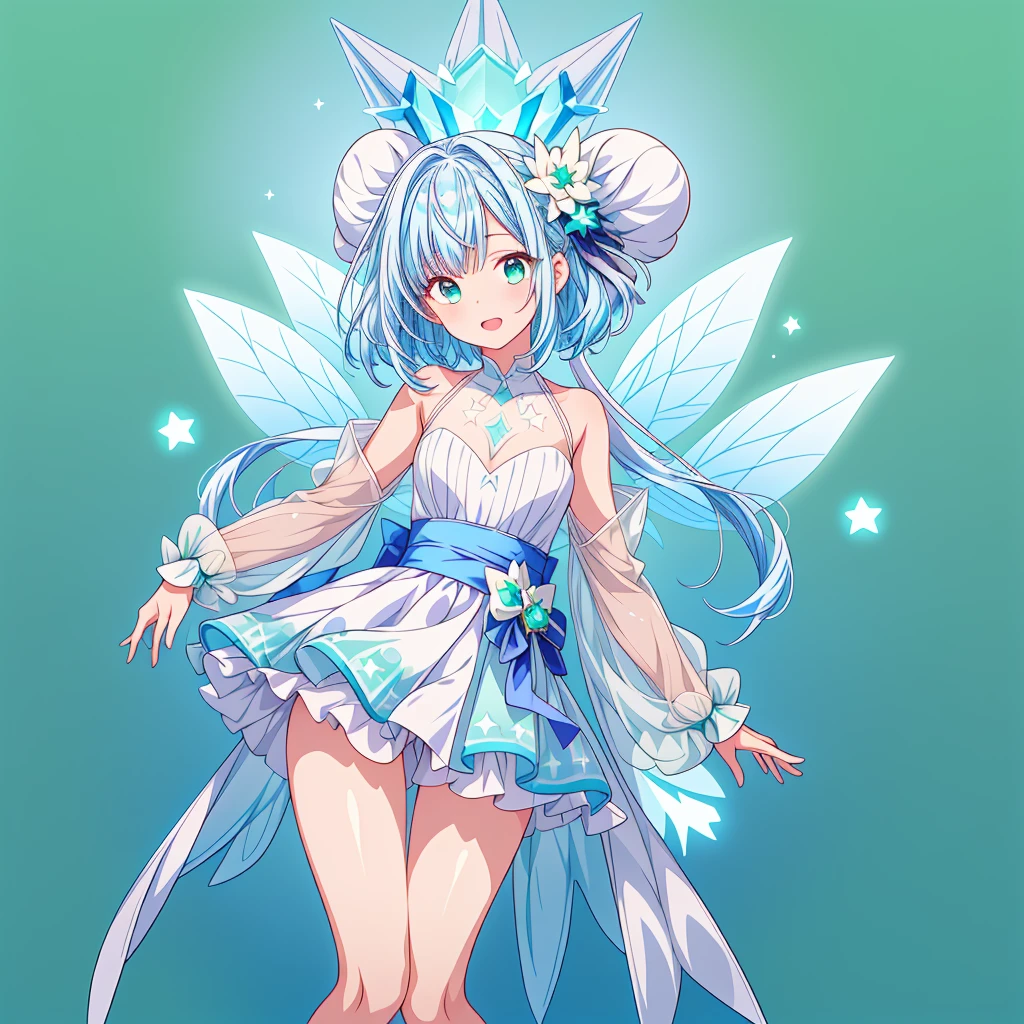 1girl、Star Fairy、Star incarnation、Character design front view、A picture facing the viewer、(((Super detailed、Highest quality、Masterpiece)))、Original cute hairstyle、Milky white and blue hair color、Simple Green Background、vtuber-fullbody,