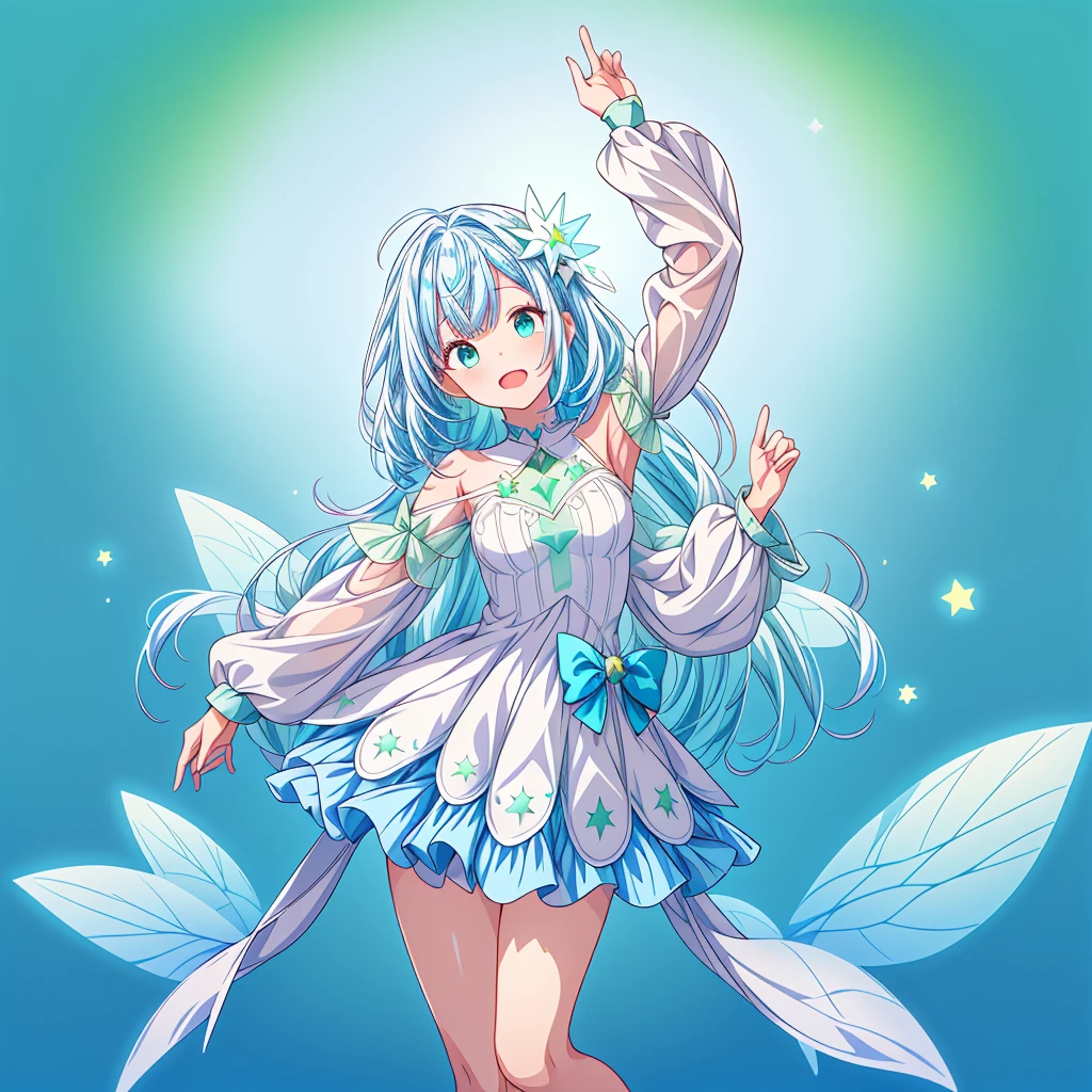 1girl、Star Fairy、Star incarnation、Character design front view、A picture facing the viewer、(((Super detailed、Highest quality、Masterpiece)))、Original cute hairstyle、Milky white and blue hair color、Simple Green Background、vtuber-fullbody,